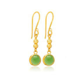 Green Quartz Round Gold Bezel 925 Silver Hook Earring