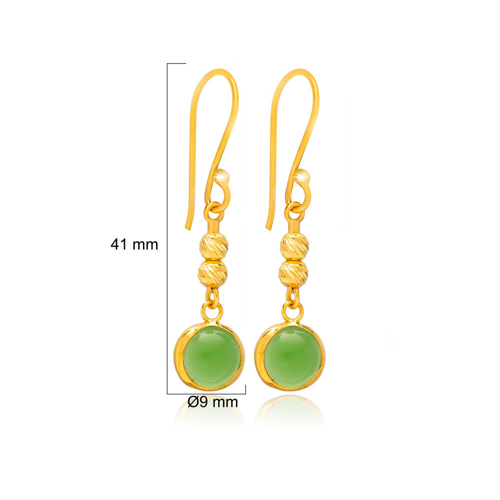 Green Quartz Round Gold Bezel 925 Silver Hook Earring