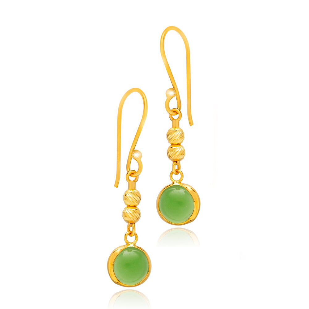 Green Quartz Round Gold Bezel 925 Silver Hook Earring