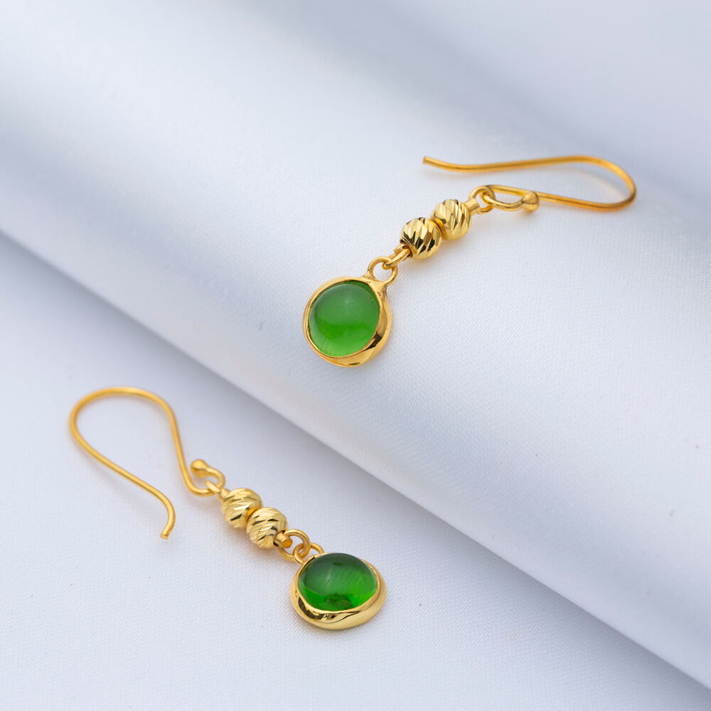 Green Quartz Round Gold Bezel 925 Silver Hook Earring