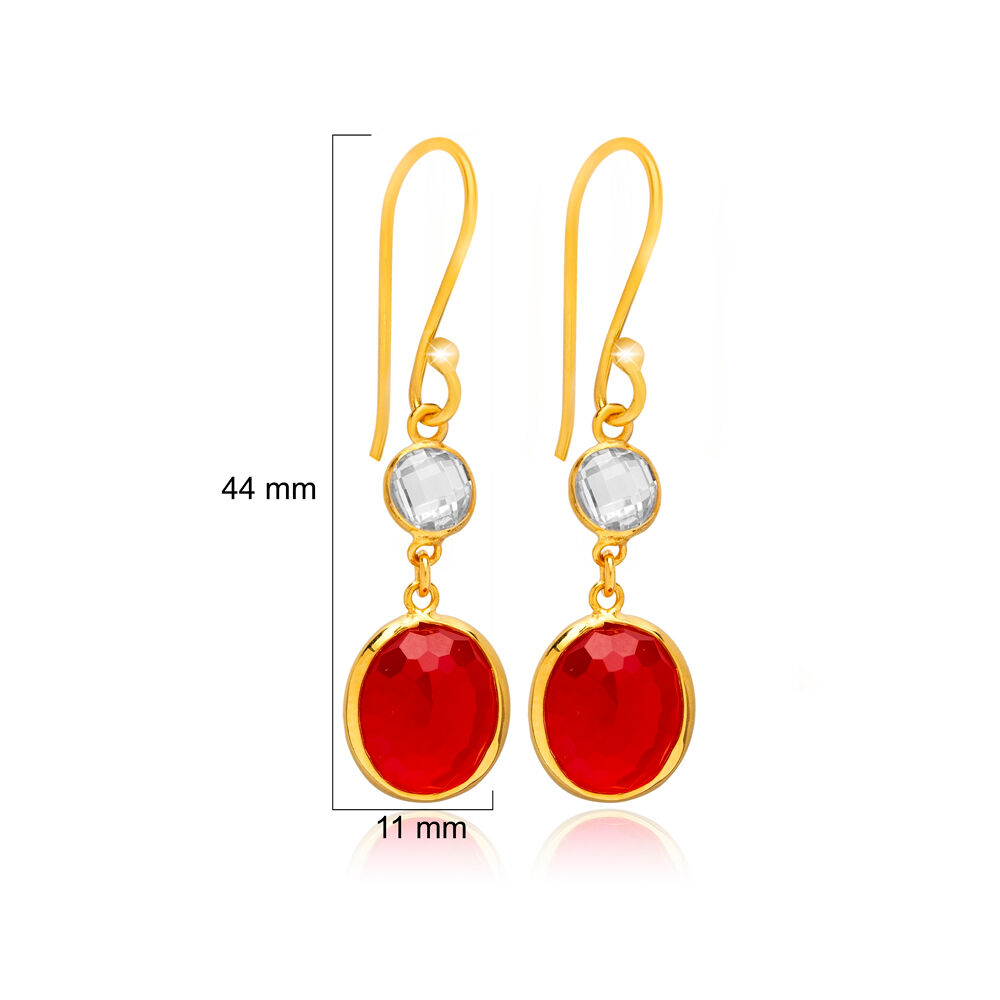 Garnet Quartz Round Gold Bezel 925 Silver Hook Earring