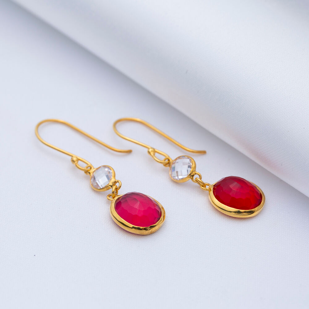 Garnet Quartz Round Gold Bezel 925 Silver Hook Earring