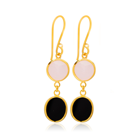 Pink and Black Quartz Gold Bezel 925 Silver Earring