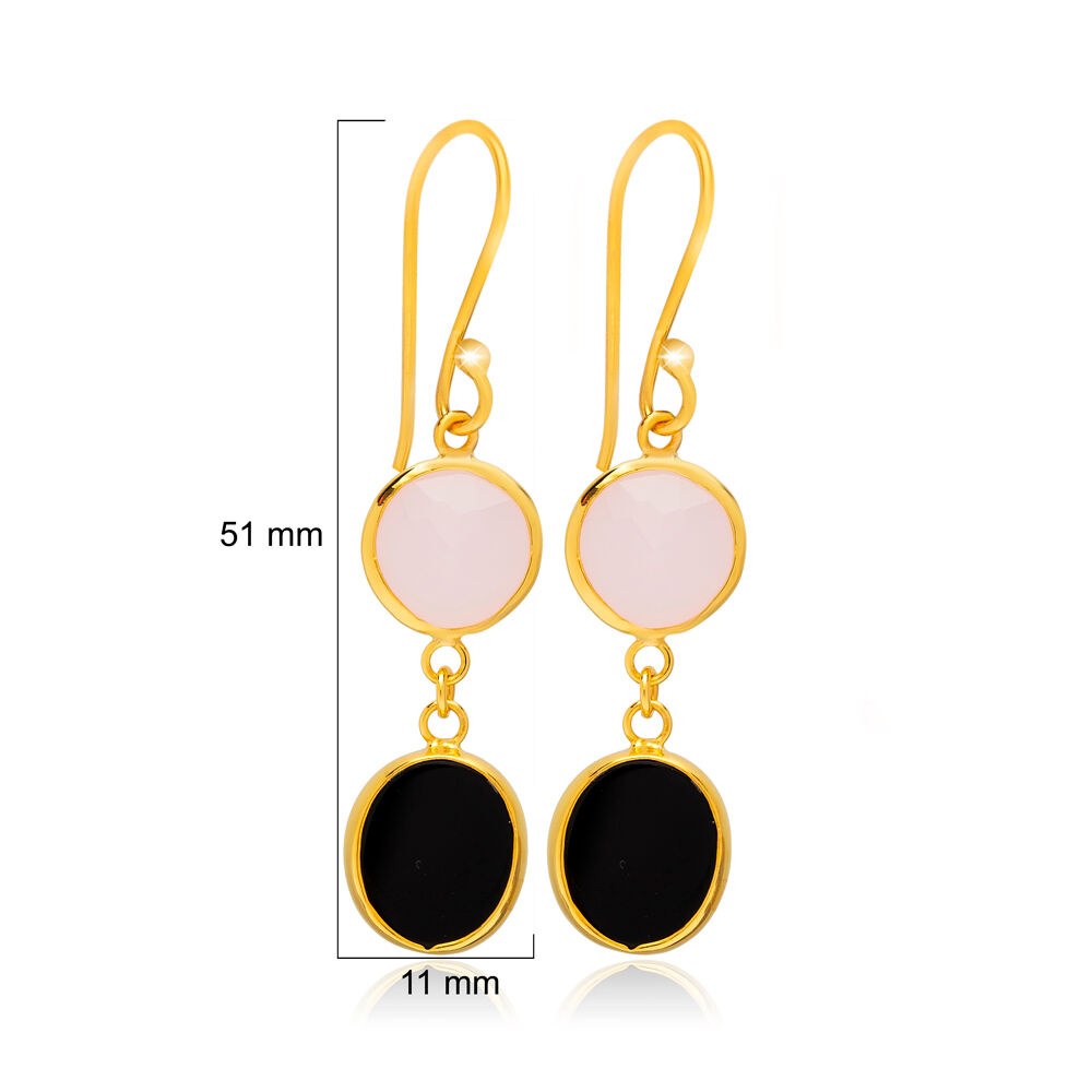 Pink and Black Quartz Gold Bezel 925 Silver Earring