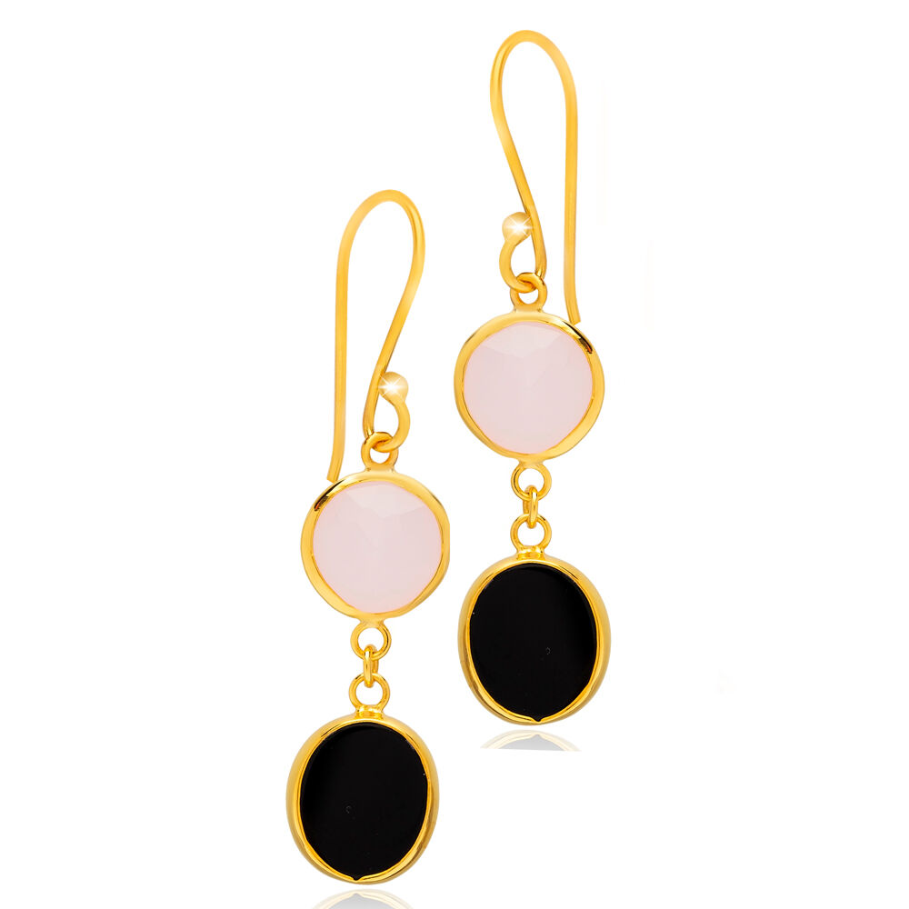 Pink and Black Quartz Gold Bezel 925 Silver Earring