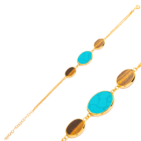 Turquoise Quartz Oval Shape Gold Bezel Charm Silver Bracelet