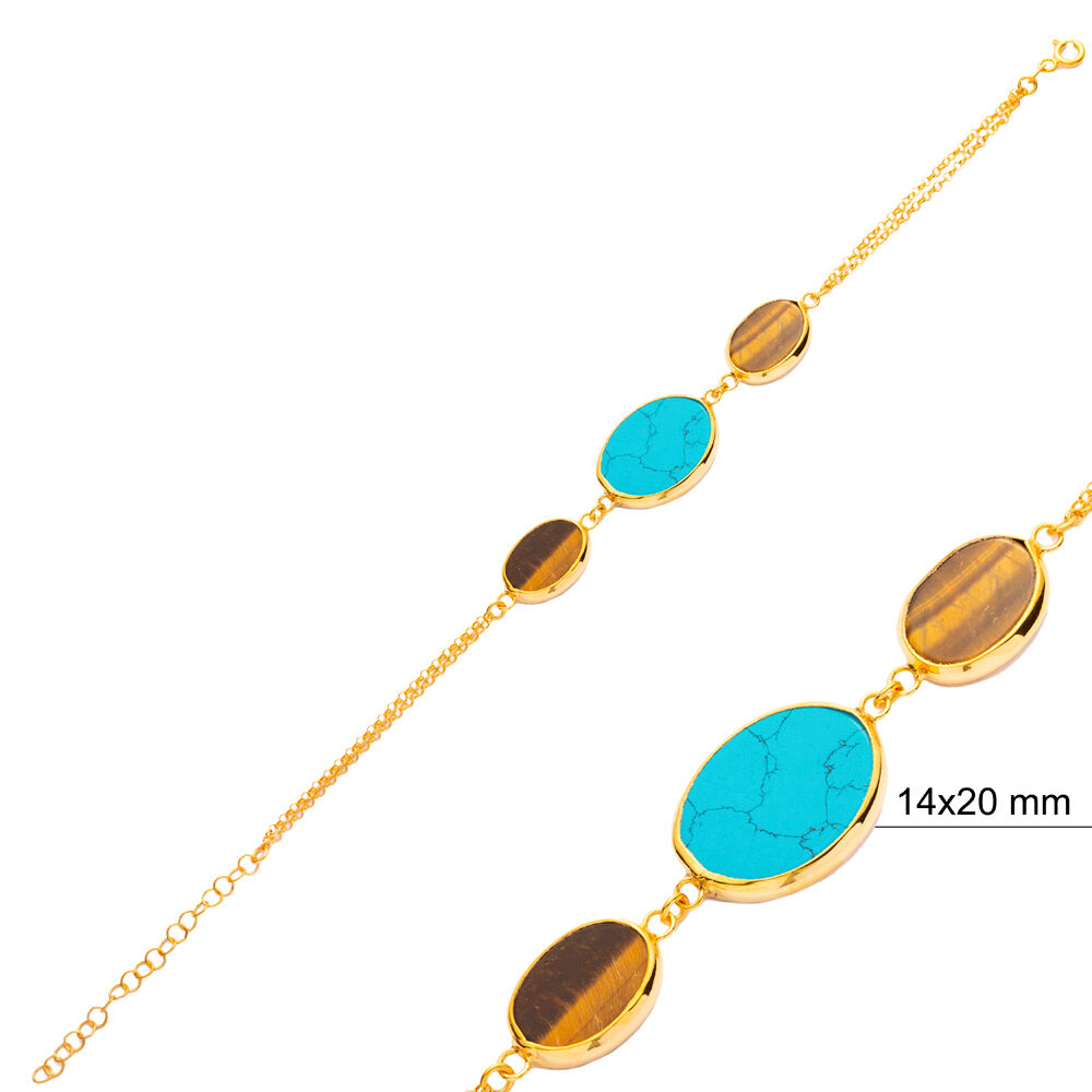 Turquoise Quartz Oval Shape Gold Bezel Charm Silver Bracelet