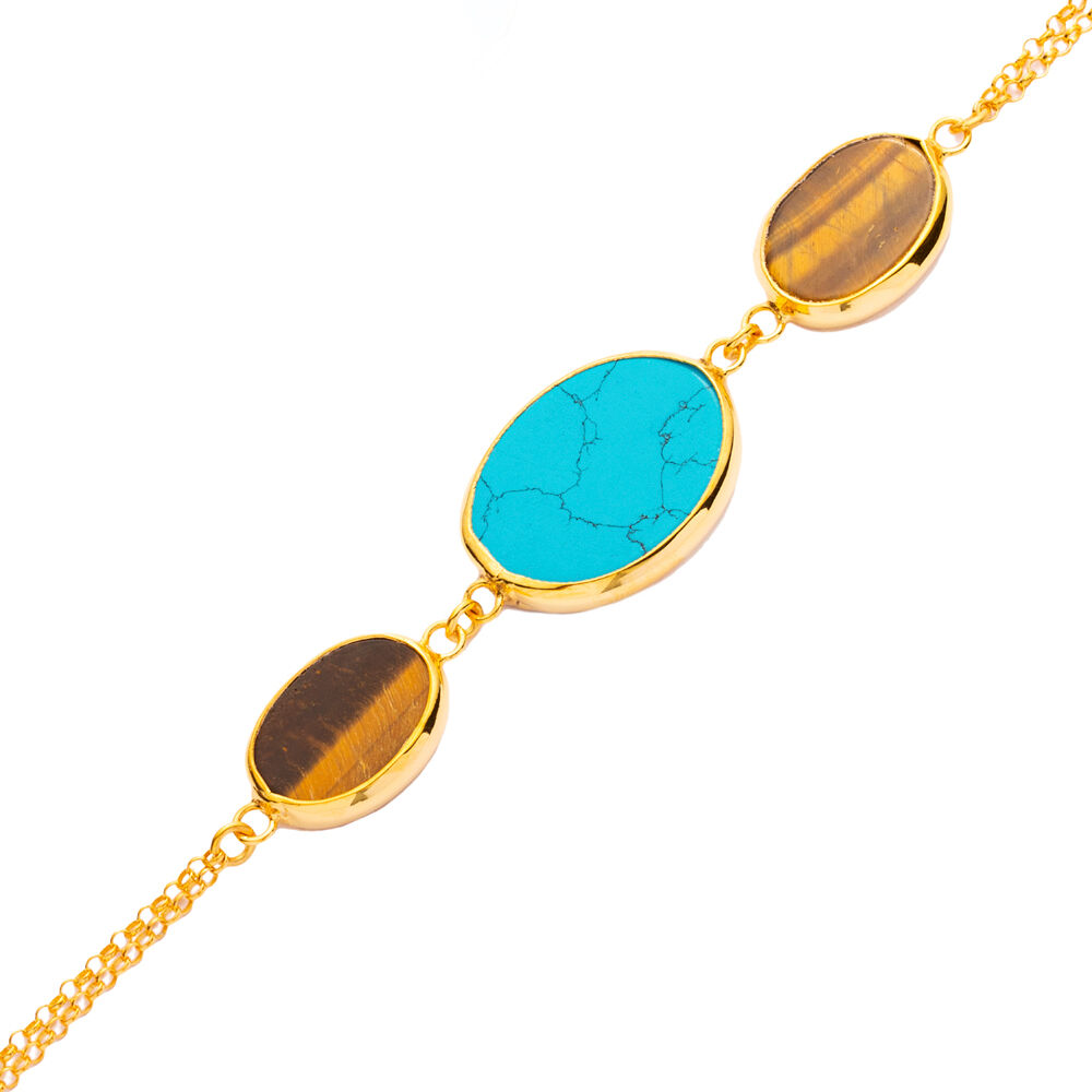 Turquoise Quartz Oval Shape Gold Bezel Charm Silver Bracelet