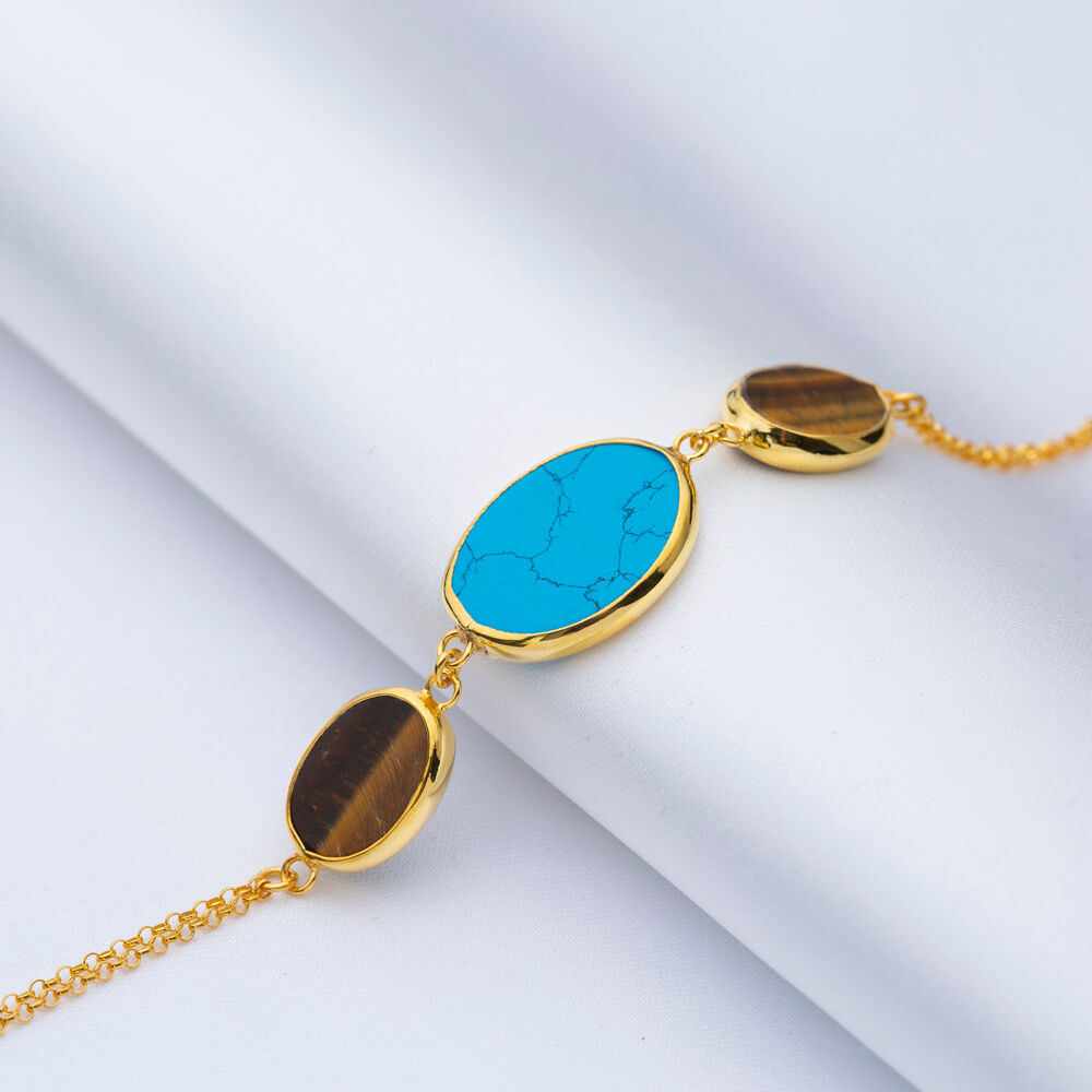 Turquoise Quartz Oval Shape Gold Bezel Charm Silver Bracelet