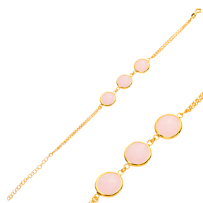 Oval Pink Quartz Stone Triple Gold Bezel Silver Bracelet