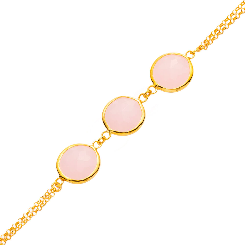 Oval Pink Quartz Stone Triple Gold Bezel Silver Bracelet