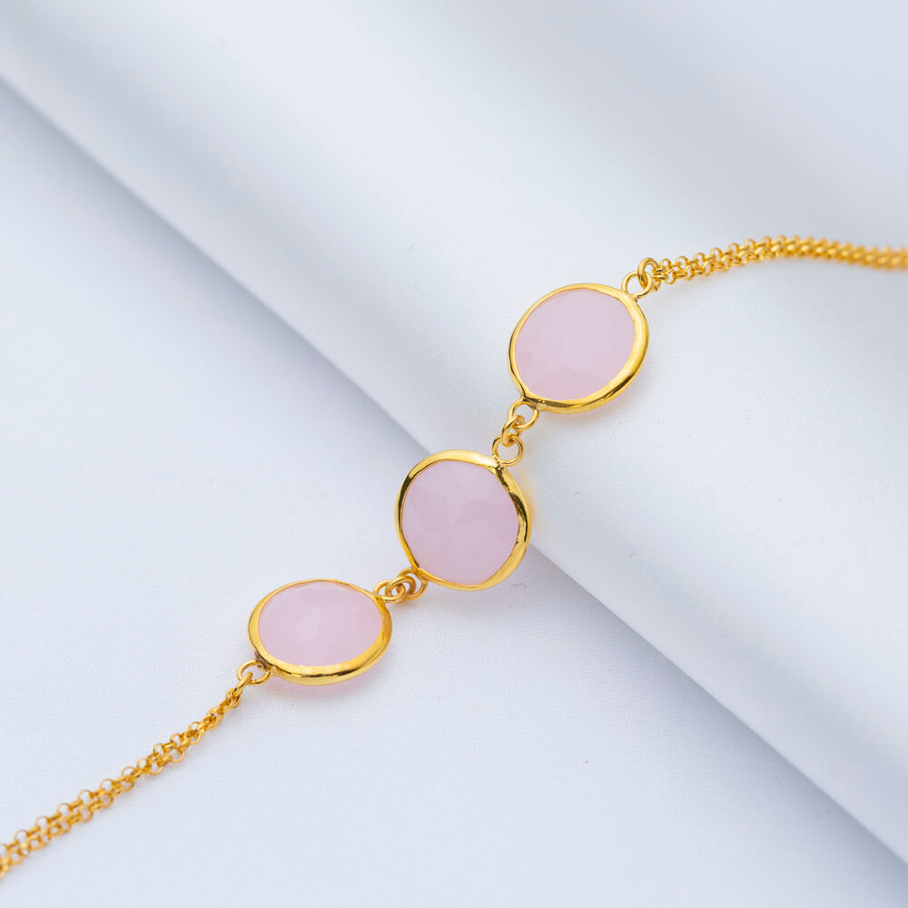 Oval Pink Quartz Stone Triple Gold Bezel Silver Bracelet