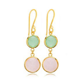 Pink and Aquamarine Quartz Gold Bezel 925 Silver Earring