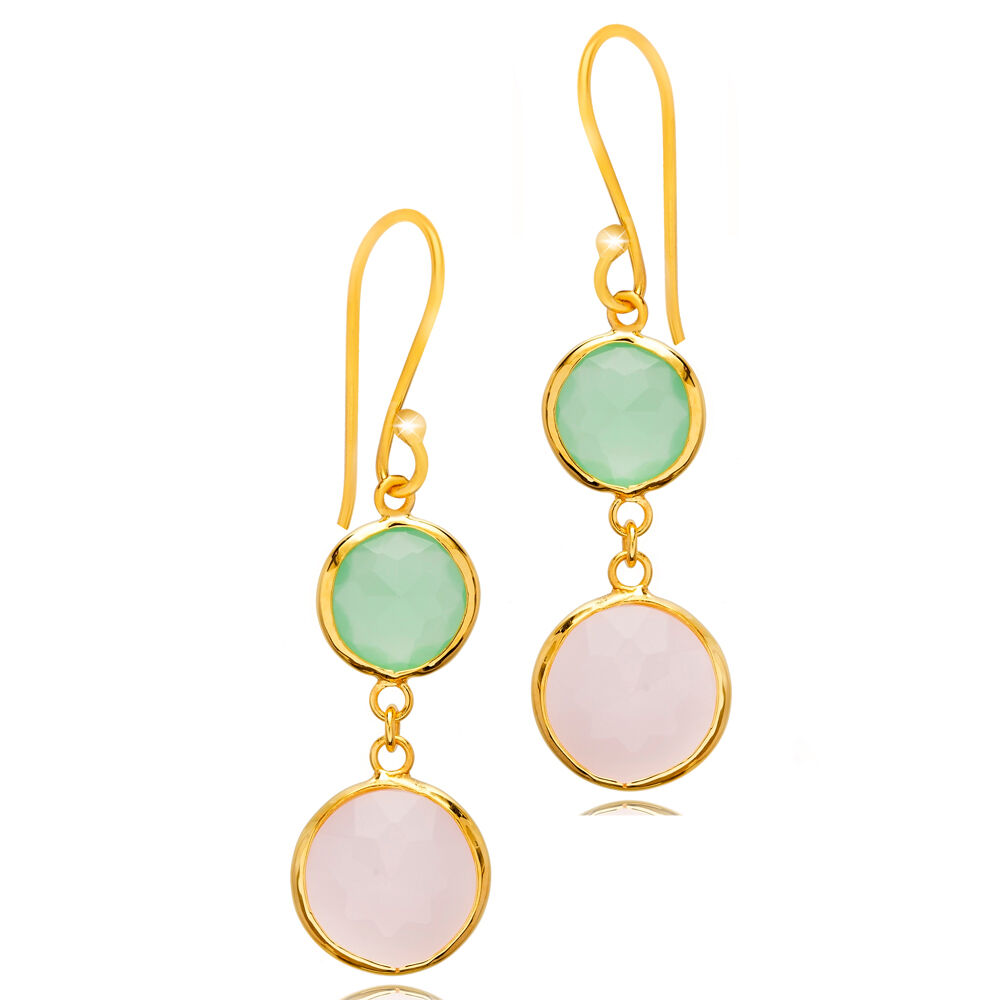 Pink and Aquamarine Quartz Gold Bezel 925 Silver Earring