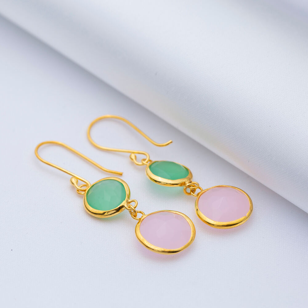 Pink and Aquamarine Quartz Gold Bezel 925 Silver Earring