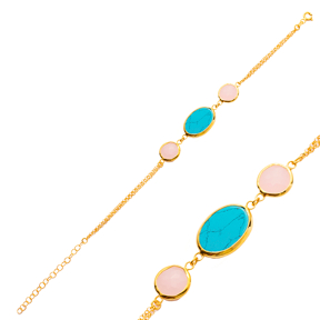 Oval Turquoise Round Pink Quartz Gold Bezel Silver Bracelet