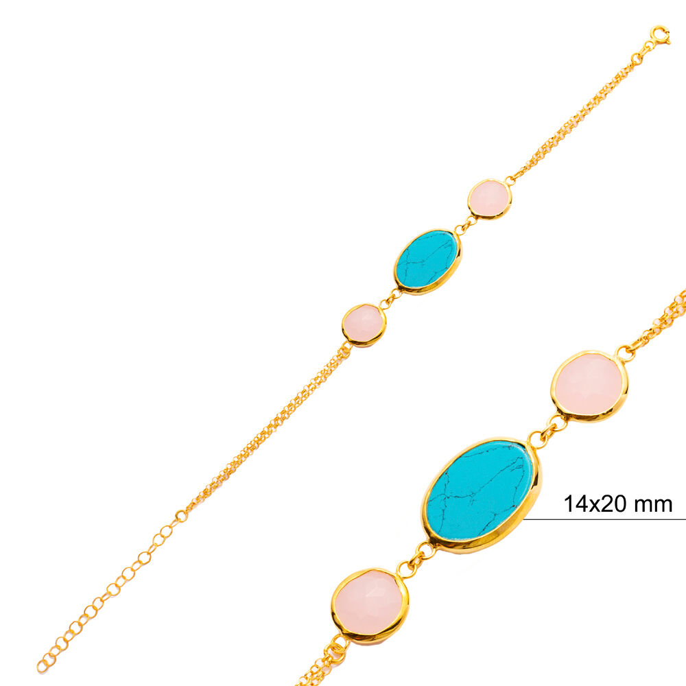 Oval Turquoise Round Pink Quartz Gold Bezel Silver Bracelet