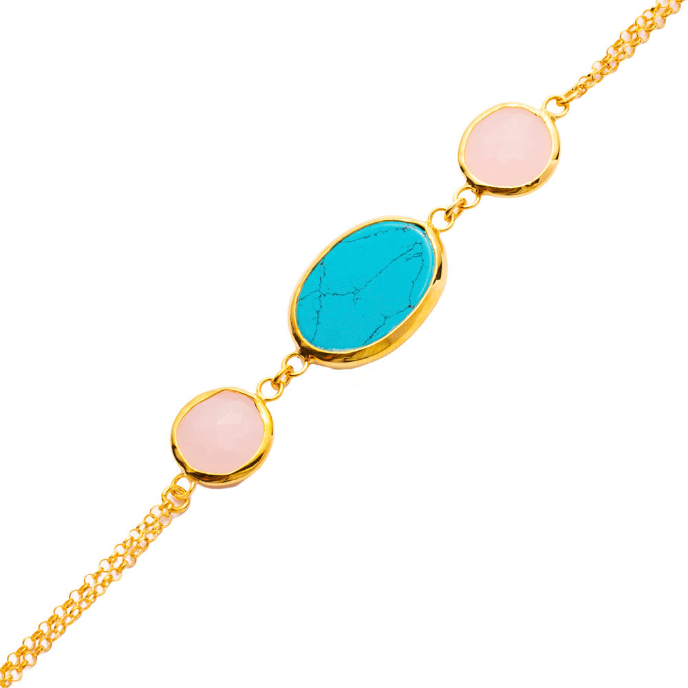 Oval Turquoise Round Pink Quartz Gold Bezel Silver Bracelet