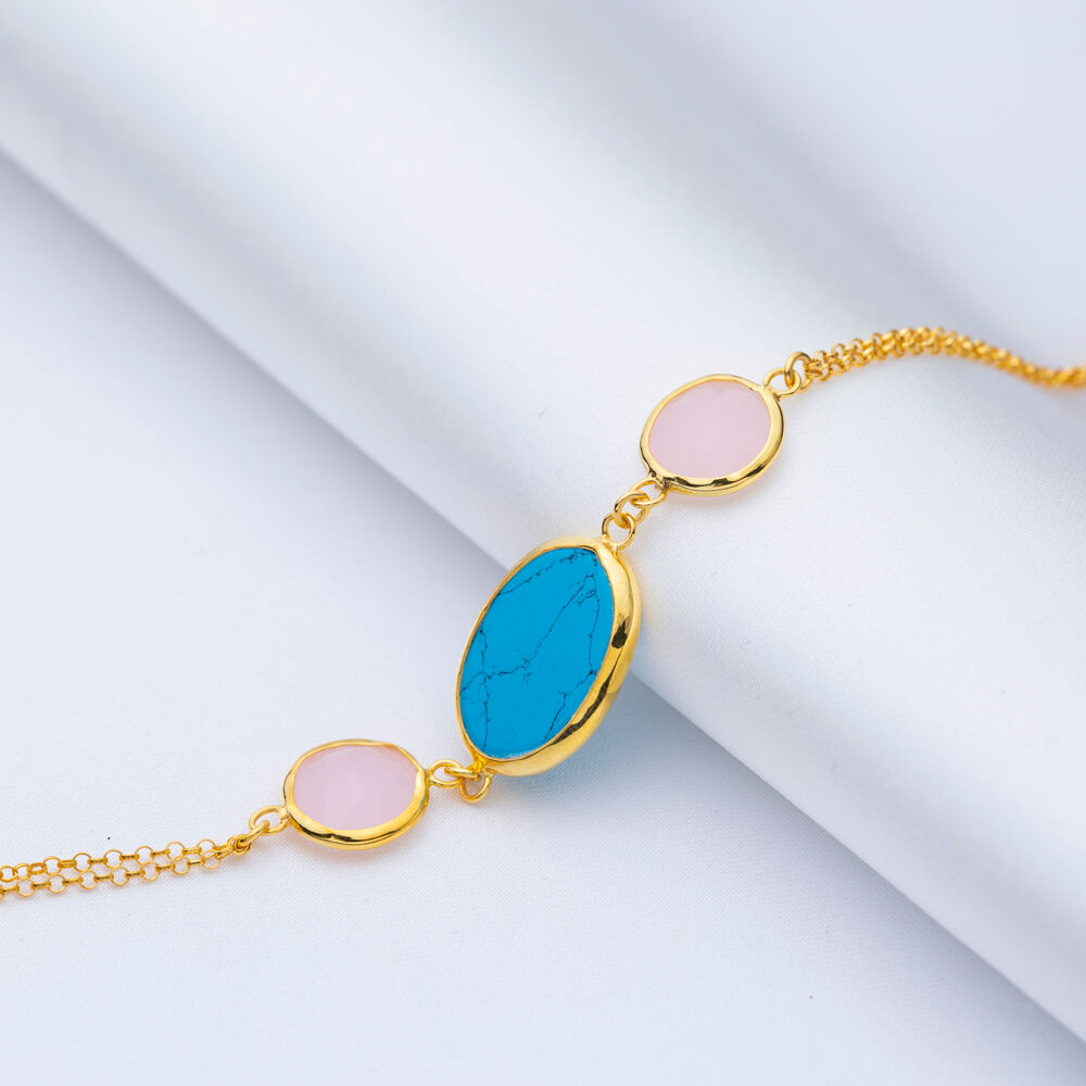 Oval Turquoise Round Pink Quartz Gold Bezel Silver Bracelet