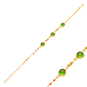 Green Quartz Round Design Gold Bezel Silver Bracelet