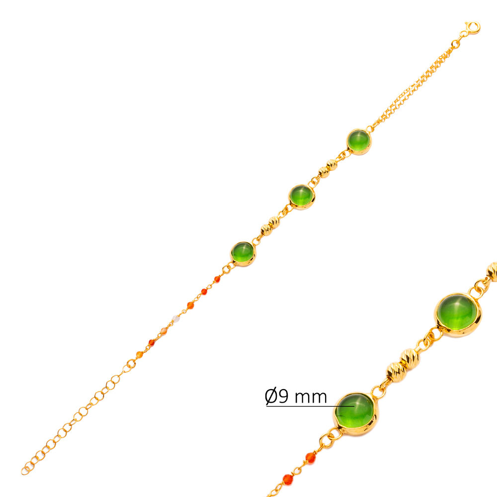 Green Quartz Round Design Gold Bezel Silver Bracelet