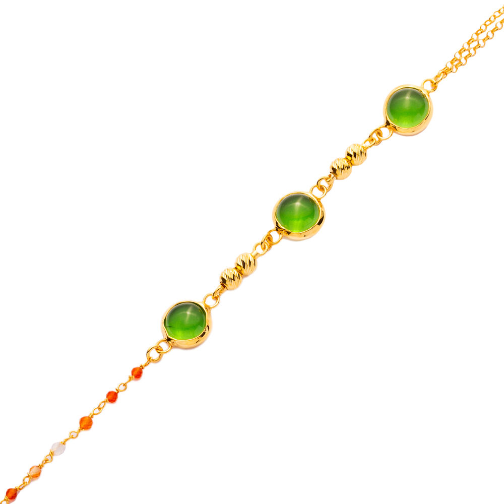 Green Quartz Round Design Gold Bezel Silver Bracelet