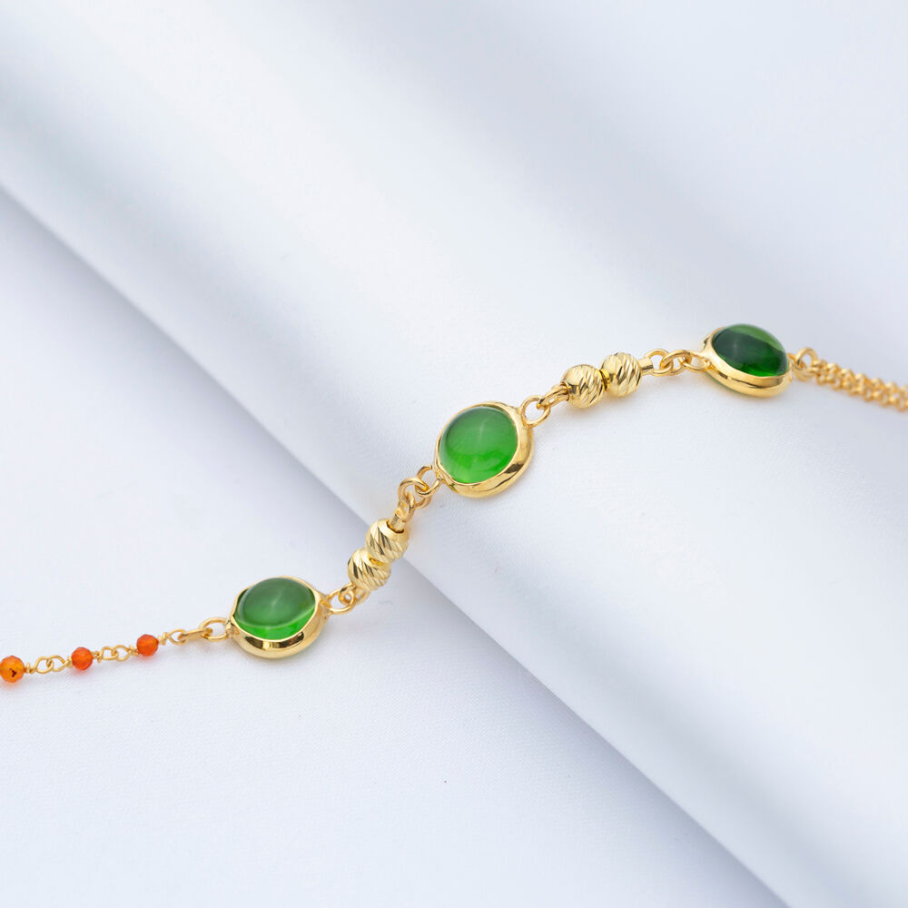 Green Quartz Round Design Gold Bezel Silver Bracelet