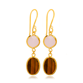 Tiger Eye and Pink Quartz Gold Bezel 925 Silver Earring