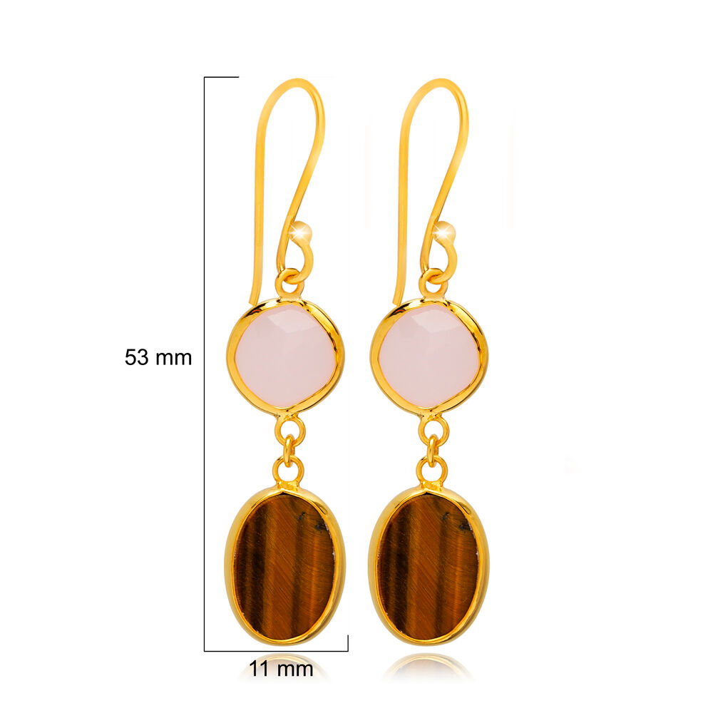 Tiger Eye and Pink Quartz Gold Bezel 925 Silver Earring