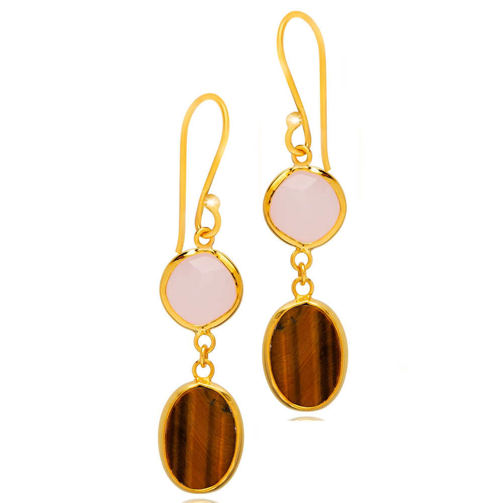 Tiger Eye and Pink Quartz Gold Bezel 925 Silver Earring