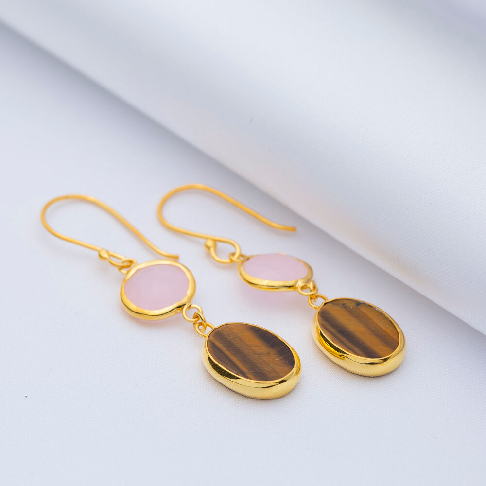 Tiger Eye and Pink Quartz Gold Bezel 925 Silver Earring