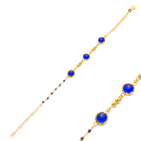 Minimalist Round Sapphire Quartz Gold Bezel Silver Bracelet