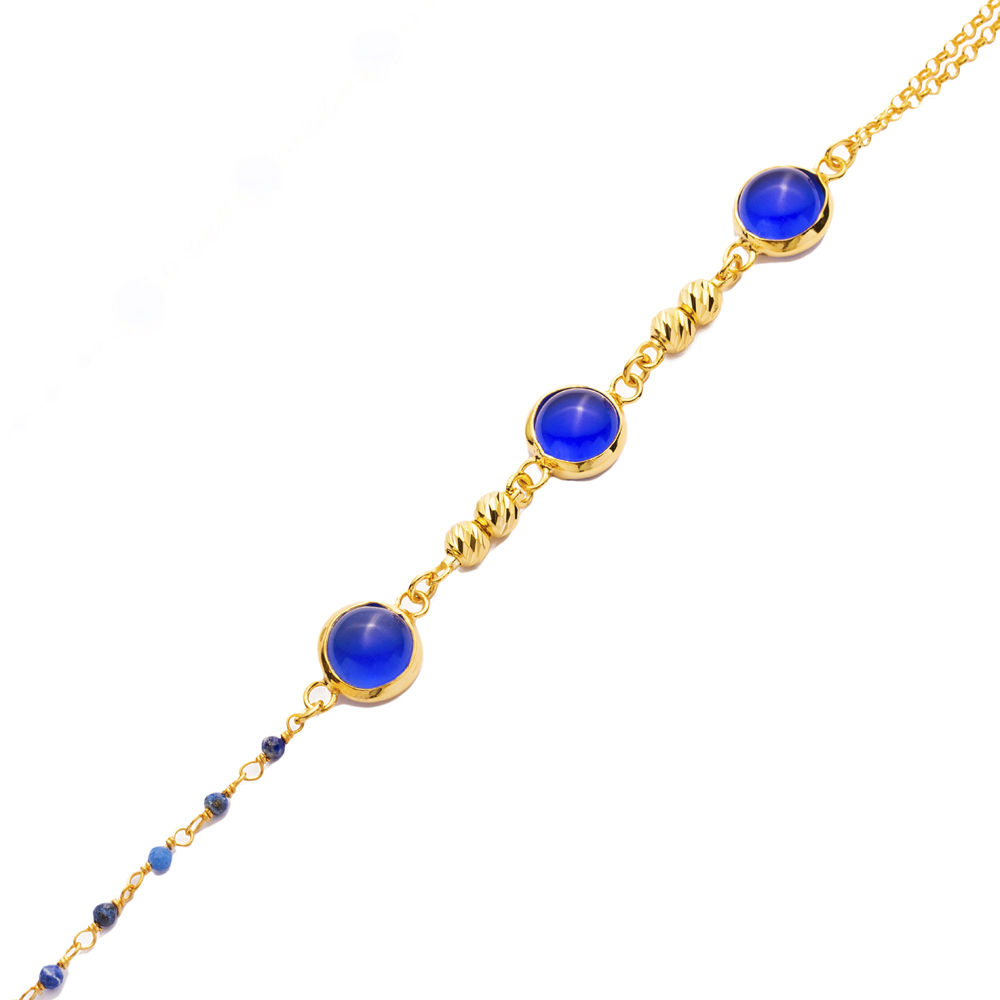 Minimalist Round Sapphire Quartz Gold Bezel Silver Bracelet