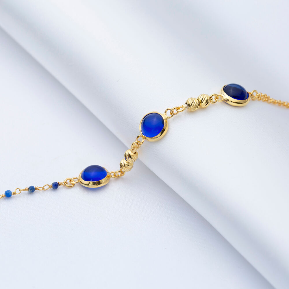 Minimalist Round Sapphire Quartz Gold Bezel Silver Bracelet