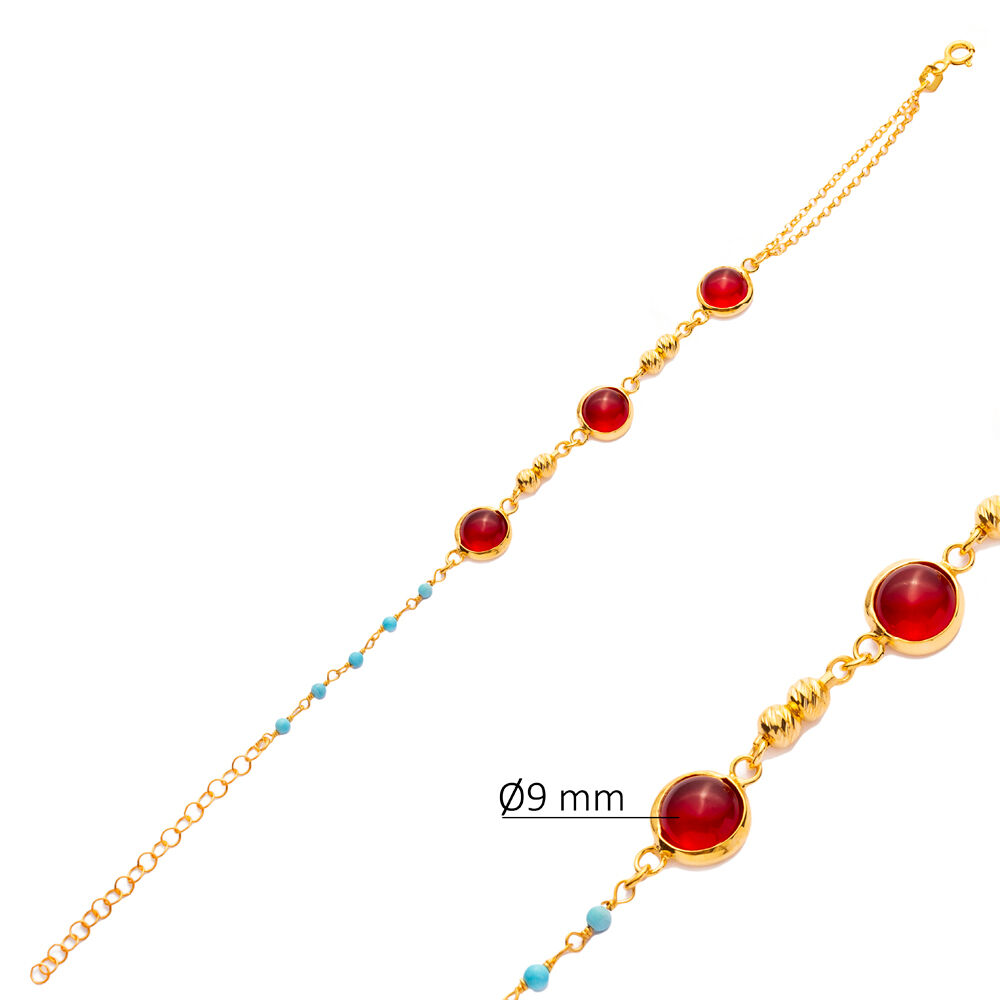 Minimalist Round Ruby Quartz Gold Bezel Silver Bracelet