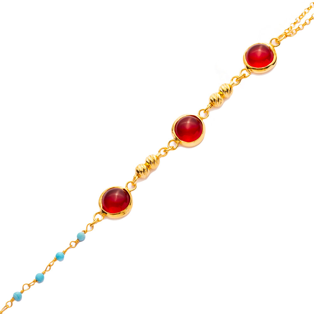 Minimalist Round Ruby Quartz Gold Bezel Silver Bracelet