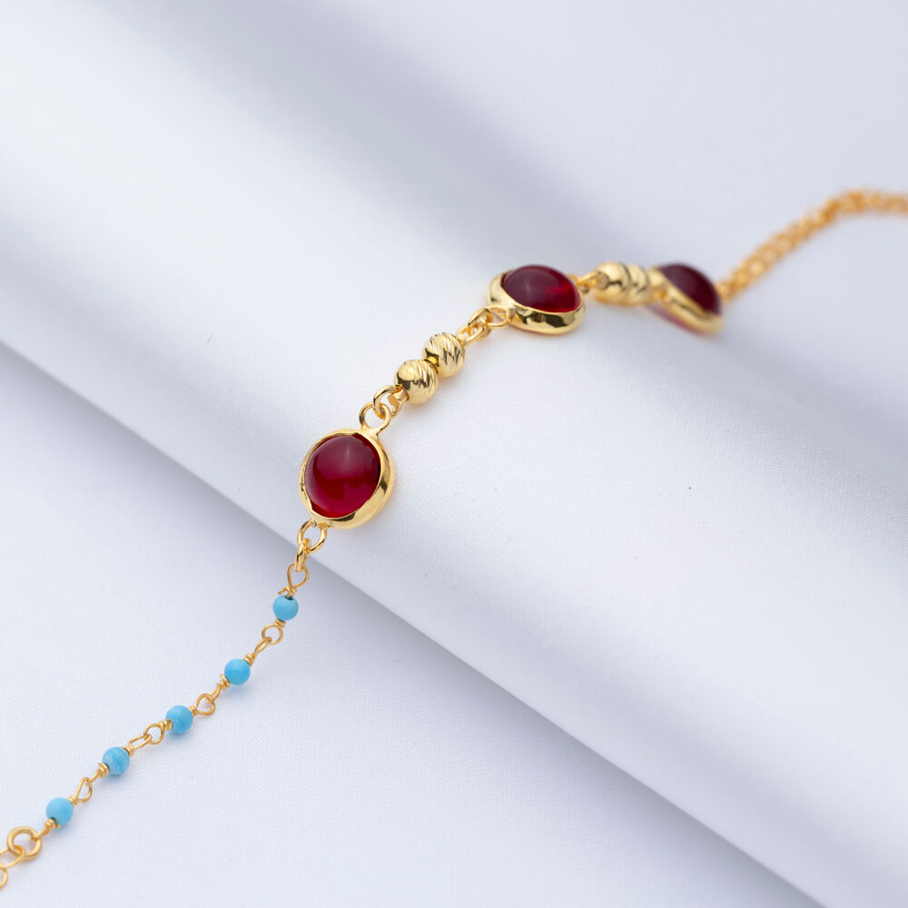 Minimalist Round Ruby Quartz Gold Bezel Silver Bracelet