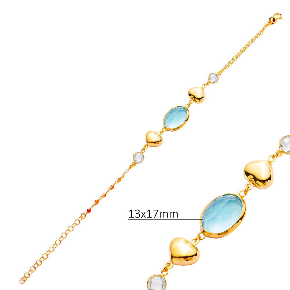 Aquamarine Quartz Plain Heart Gold Bezel 925 Silver Bracelet