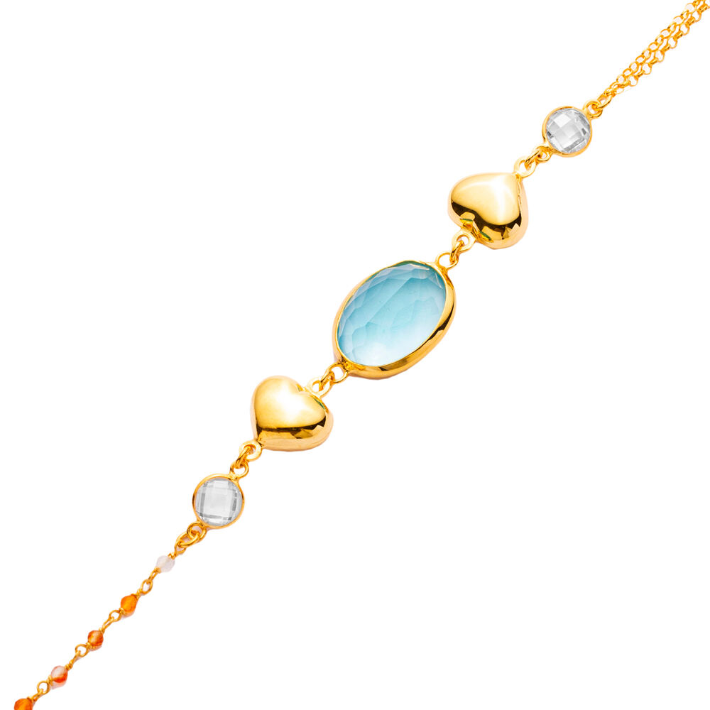 Aquamarine Quartz Plain Heart Gold Bezel 925 Silver Bracelet