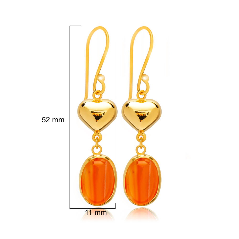 Tiger Eye Oval Plain Heart Gold Bezel 925 Silver Hook Earrings