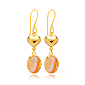 Tiger Eye Oval Plain Heart Gold Bezel 925 Silver Hook Earrings