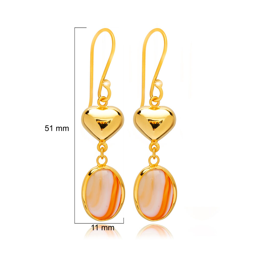 Tiger Eye Oval Plain Heart Gold Bezel 925 Silver Hook Earrings