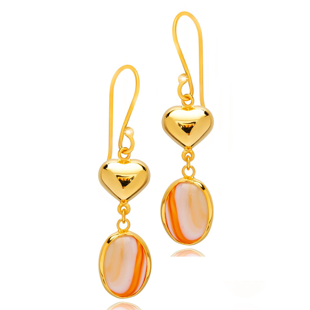 Tiger Eye Oval Plain Heart Gold Bezel 925 Silver Hook Earrings