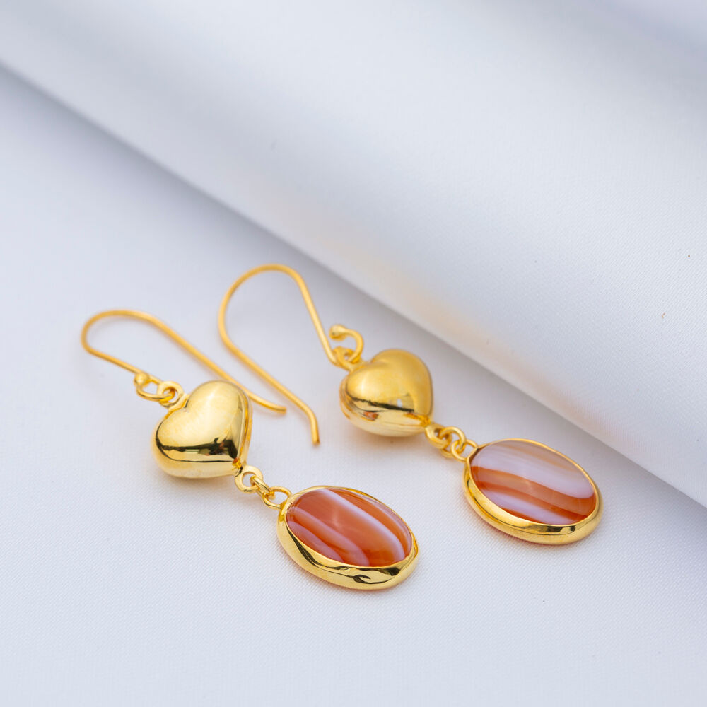 Tiger Eye Oval Plain Heart Gold Bezel 925 Silver Hook Earrings