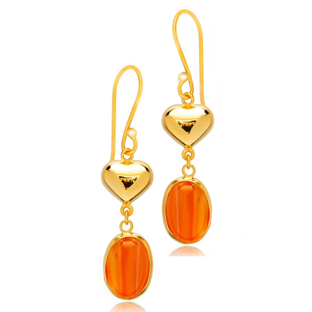 Tiger Eye Oval Plain Heart Gold Bezel 925 Silver Hook Earrings