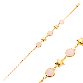 Pink Quartz Plain Star Gold Bezel Sterling Silver Bracelet