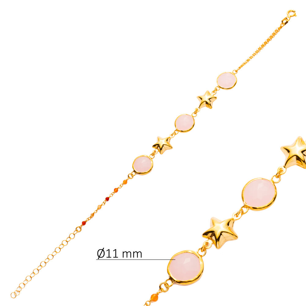 Pink Quartz Plain Star Gold Bezel Sterling Silver Bracelet