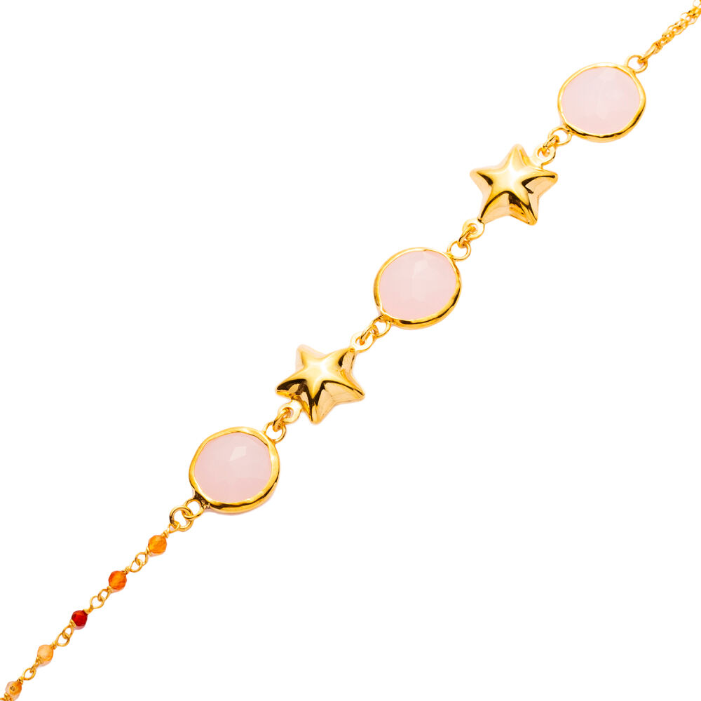 Pink Quartz Plain Star Gold Bezel Sterling Silver Bracelet