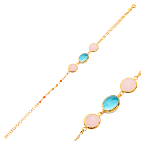 Pink and Aquamarine Quartz Gold Bezel Sterling Silver Bracelet