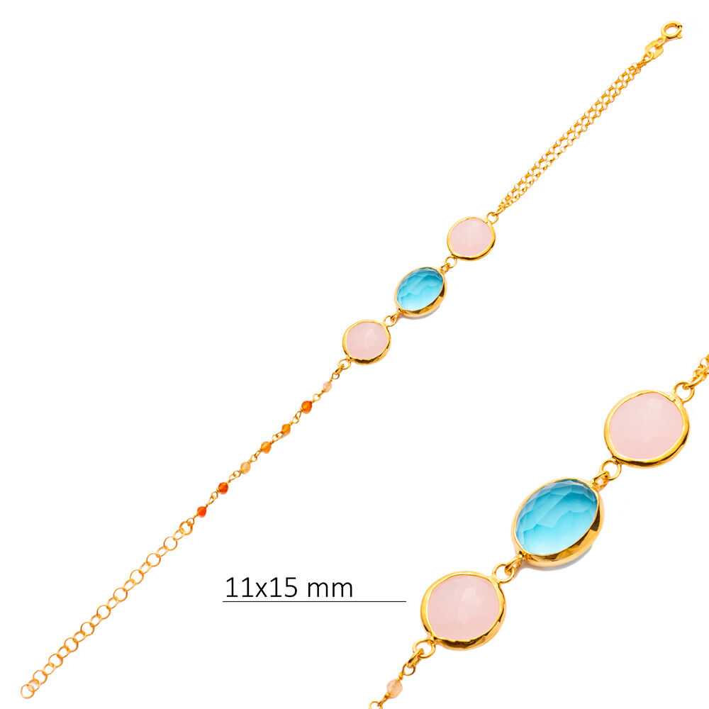 Pink and Aquamarine Quartz Gold Bezel Sterling Silver Bracelet